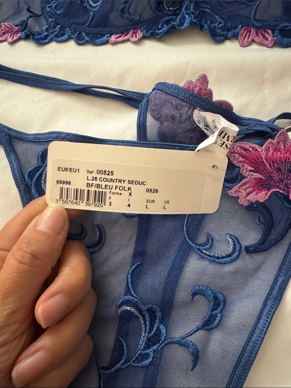 Blue & Pink Embroidered Lace Bra 36B & Thong Set L